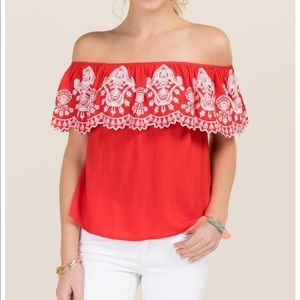 Red Embroidered Off the Shoulder Top